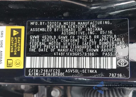 2016 Toyota Camry Le из США, поврежденный, VIN 4T4BF1FK9GR578186